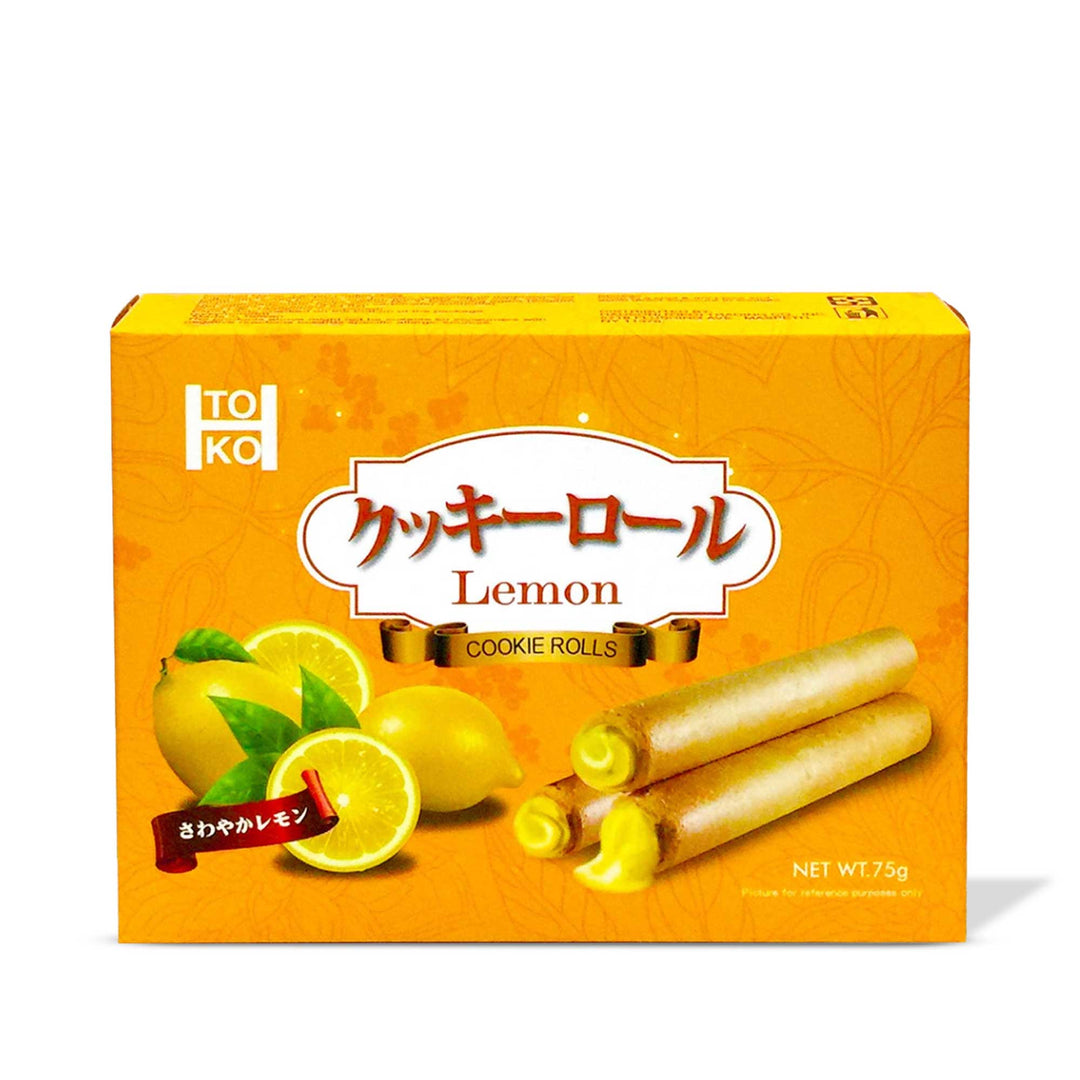 A box of Toko Cookie Rolls: Lemon, a perfect on-the-go snack, with a lemon filling, showcased on a white background.