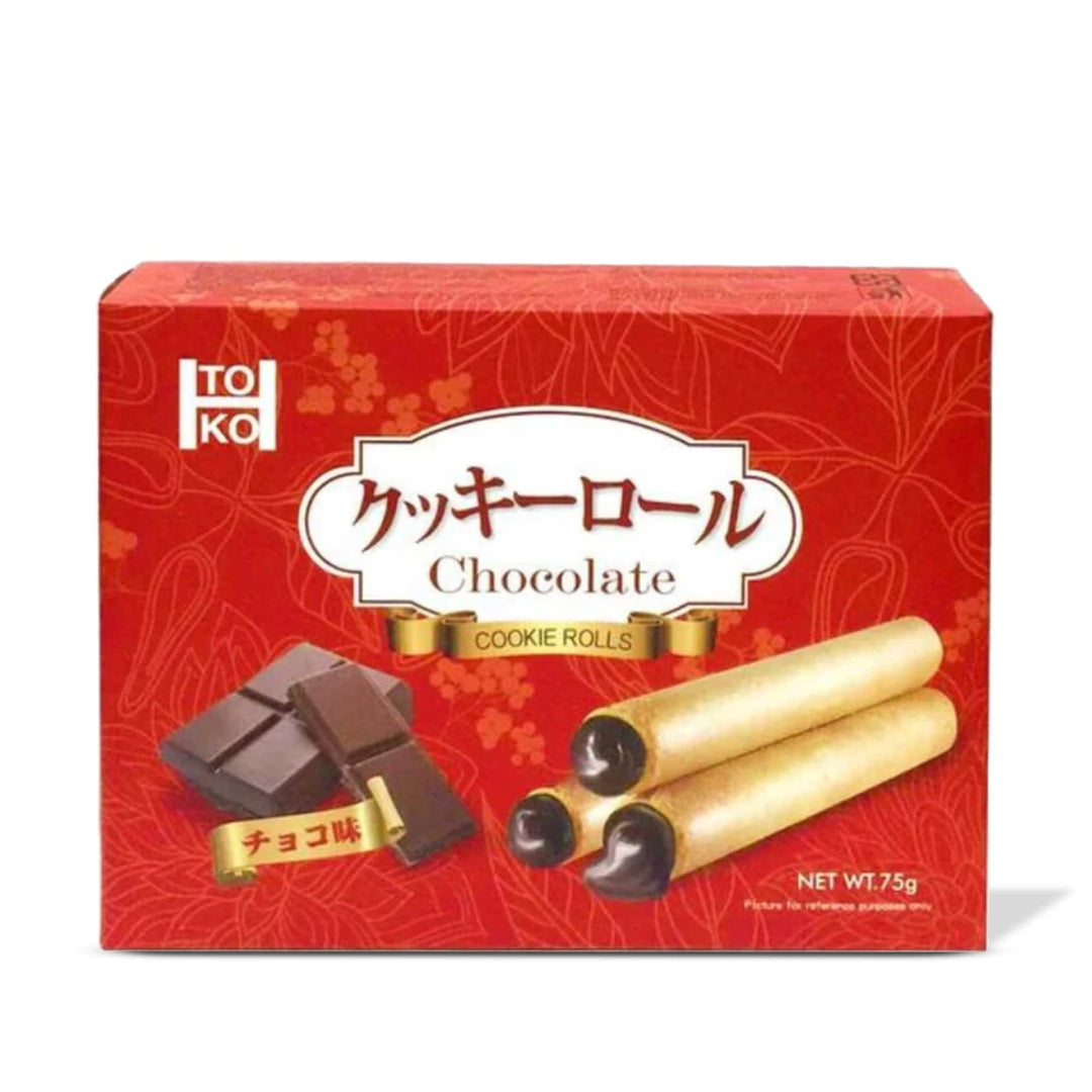 Toko Chocolate Cookie Rolls in a box on a white background, satisfying cravings for both cookie and chocolate lovers.