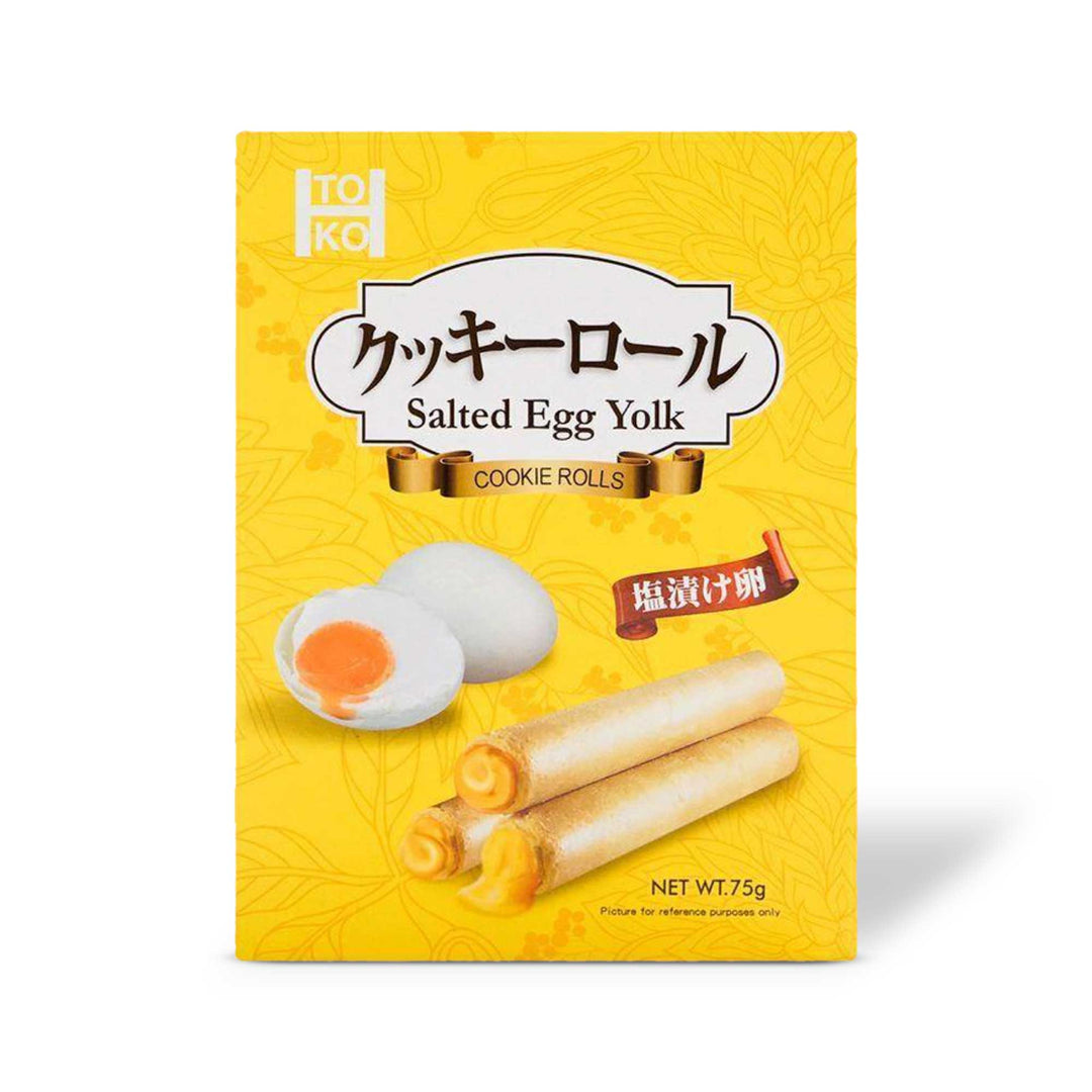 Crunchy Japanese fried egg rolls filled with Toko Salted Egg Yolk cream, packaged as Toko Cookie Rolls: Salted Egg Yolk.