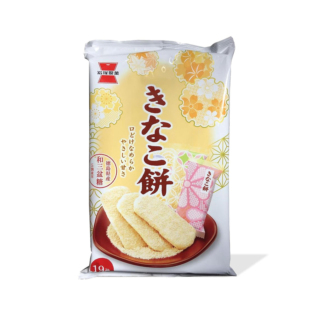 A bag of Iwatsuka Kinako Butter Mochi Rice Crackers on a white background.