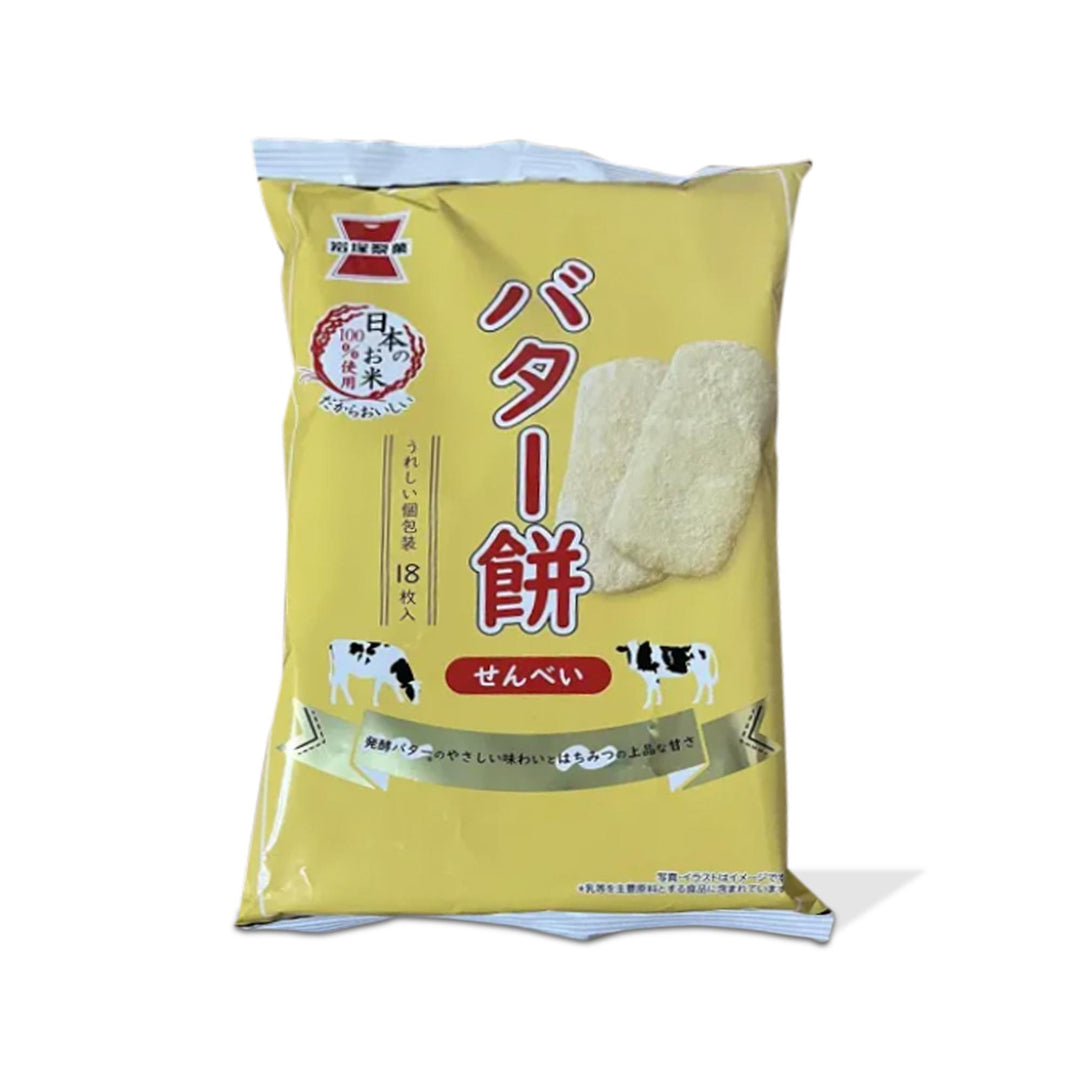 A bag of Iwatsuka Butter Mochi Rice Crackers, known as senbei, on a white background.