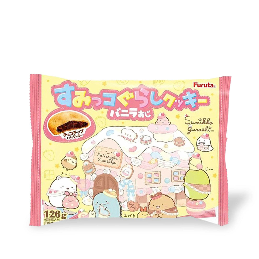 A bag of Furuta Sumikko Gurashi Chocolate & Vanilla Cookies with a picture of a kawaii house.
