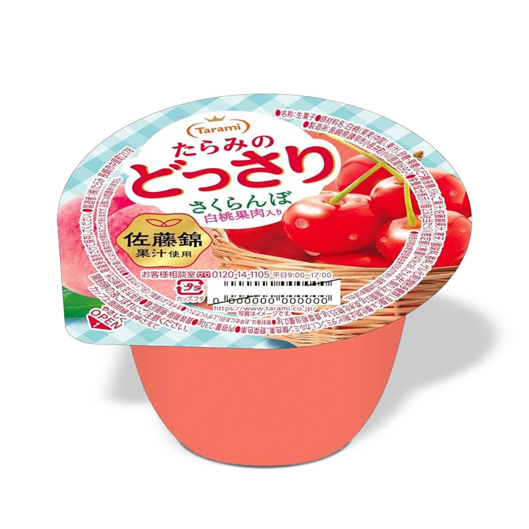 A vegan-friendly cup of Tarami Dossari Cherry Jelly with Japanese writing on it.