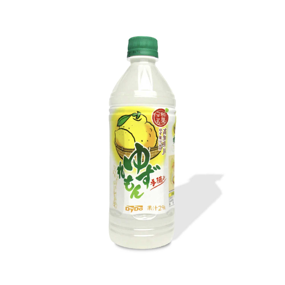 A bottle of Dydo Yuzu Juice Drink, with a citrusy taste, on a white background.