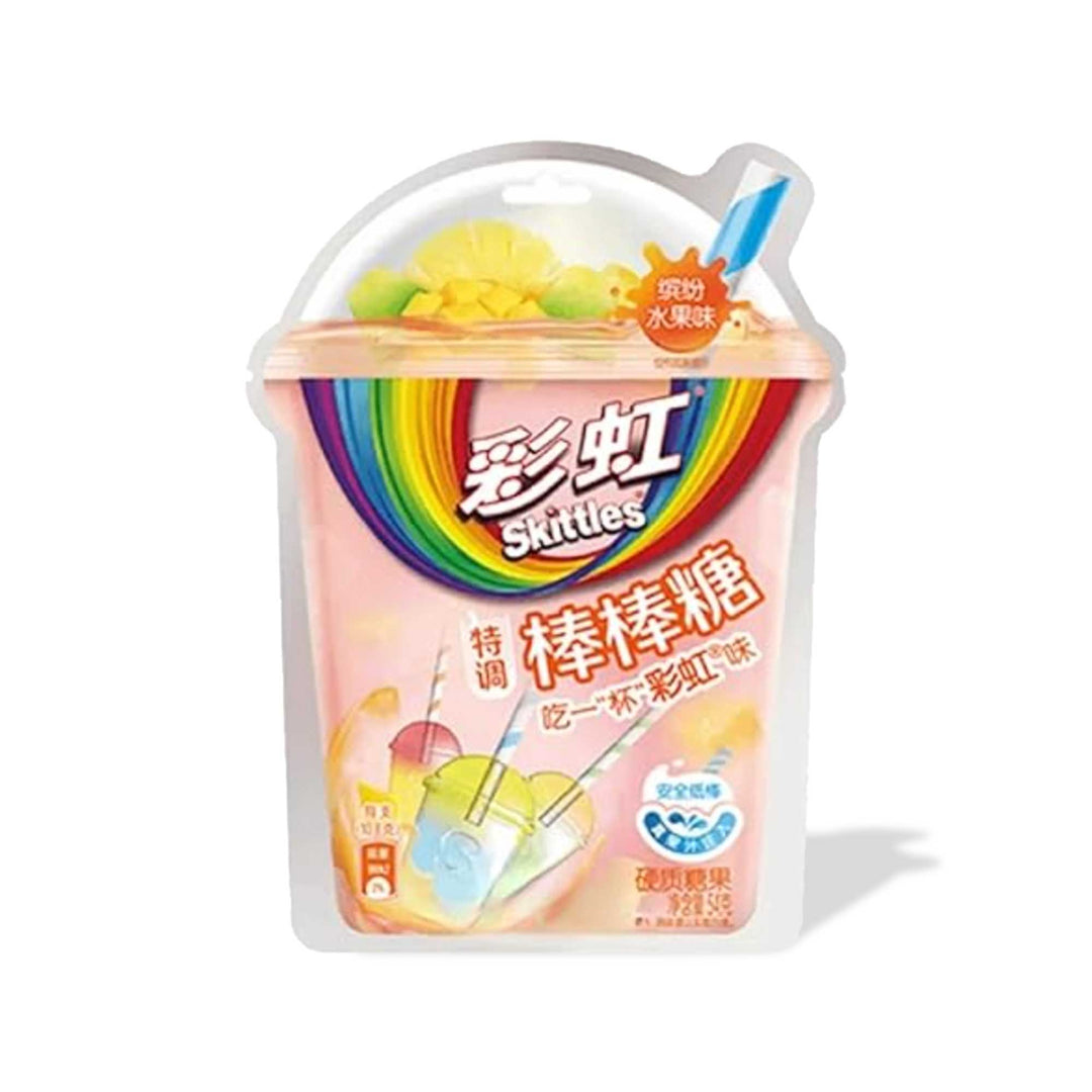 A cup of Skittles Rainbow Lollipops: Mixed Fruit juice with fruity flavors.