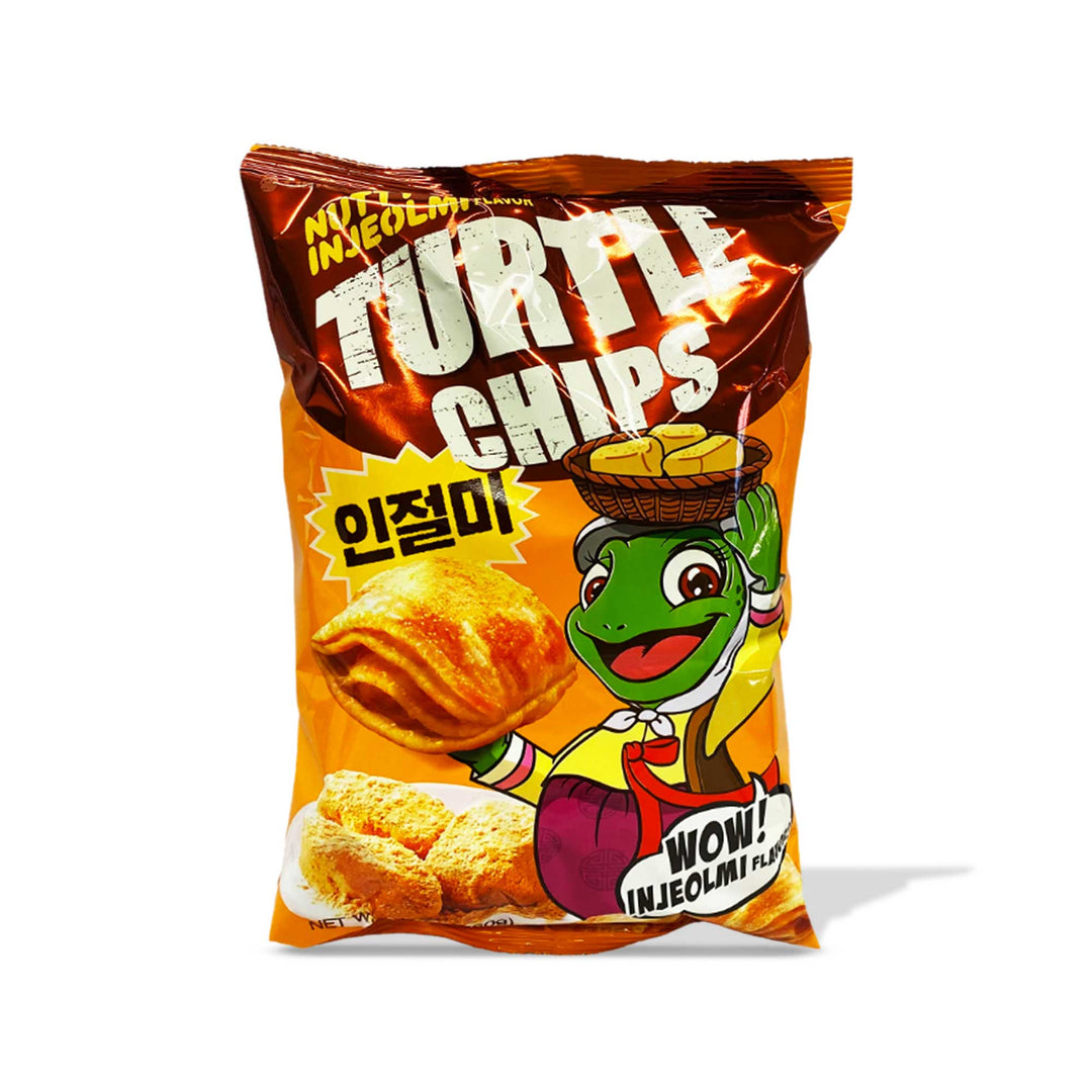 A bag of Orion Turtle Layered 4D Chips: Peanut Butter & Injeolmi on a white background.