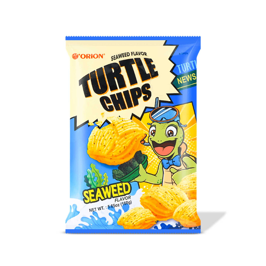 A bag of umami-rich Orion Turtle Layered 4D Chips: Seaweed with a cartoon turtle on it.