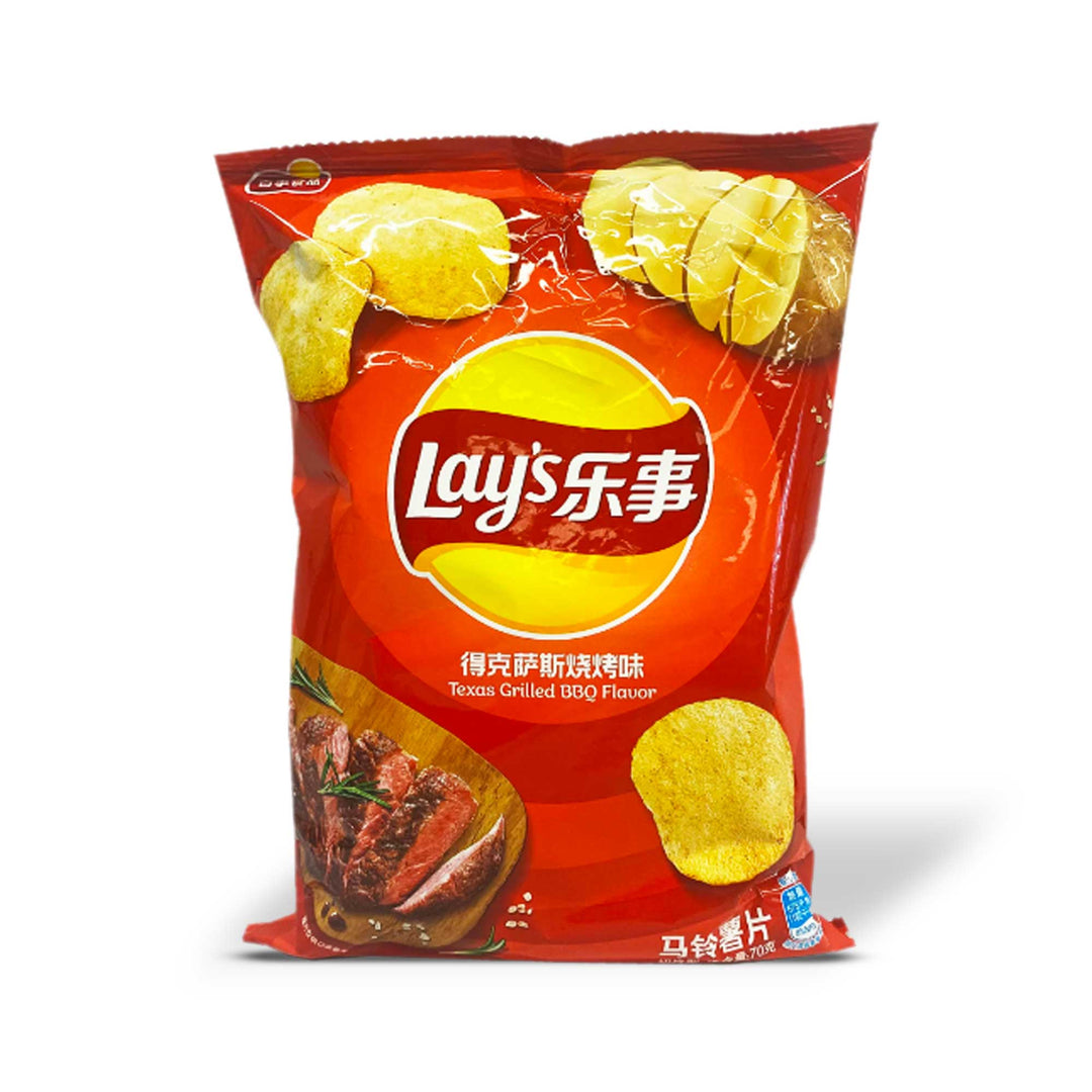 A bag of Lay's potato chips featuring Texas Grilled BBQ Flavor on it.