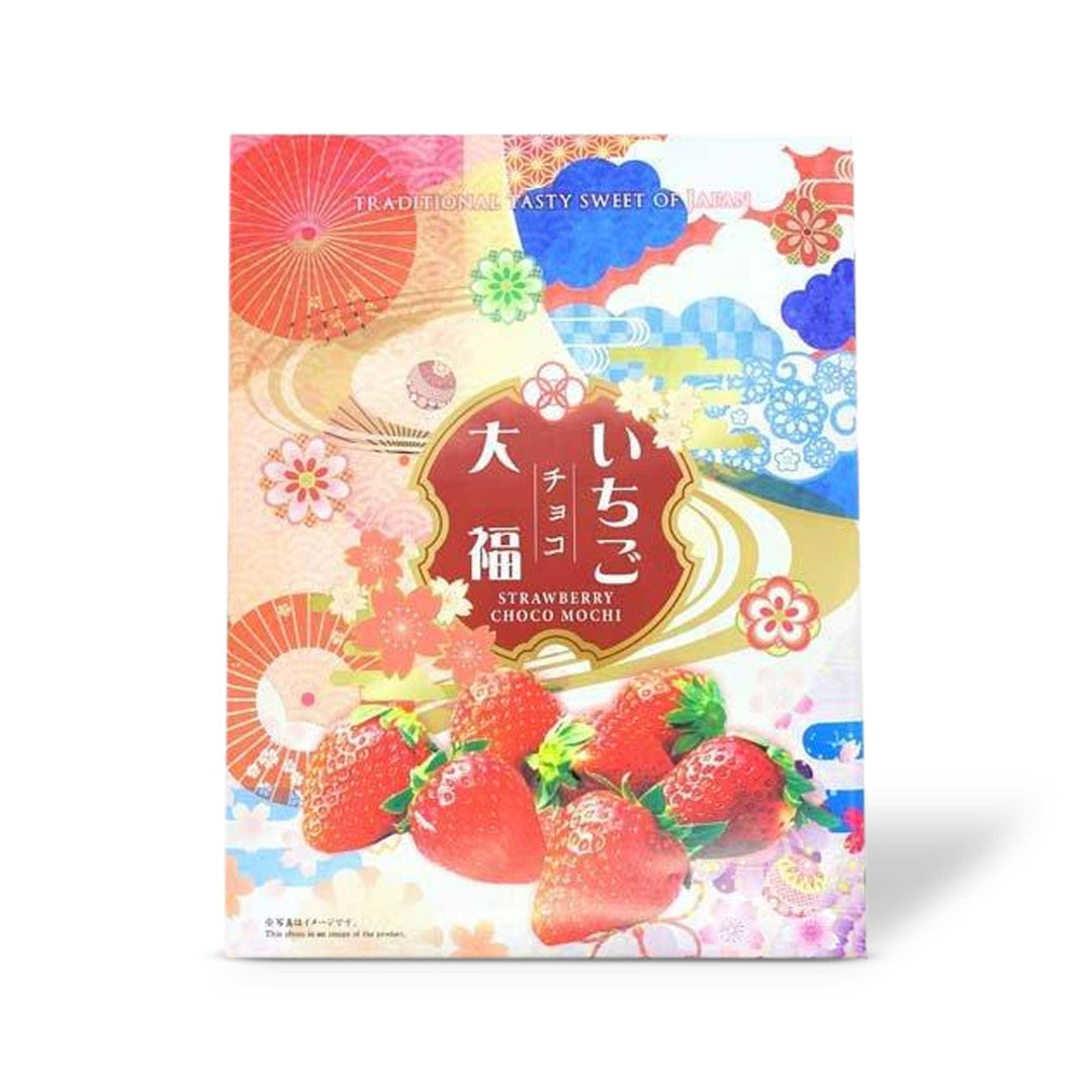 A book with a Seiki Daifuku Mochi Gift Box: Strawberry Chocolate (30 pieces) and a Japanese design on it, showcasing the deliciousness of strawberry mochi and Daifuku mochi.