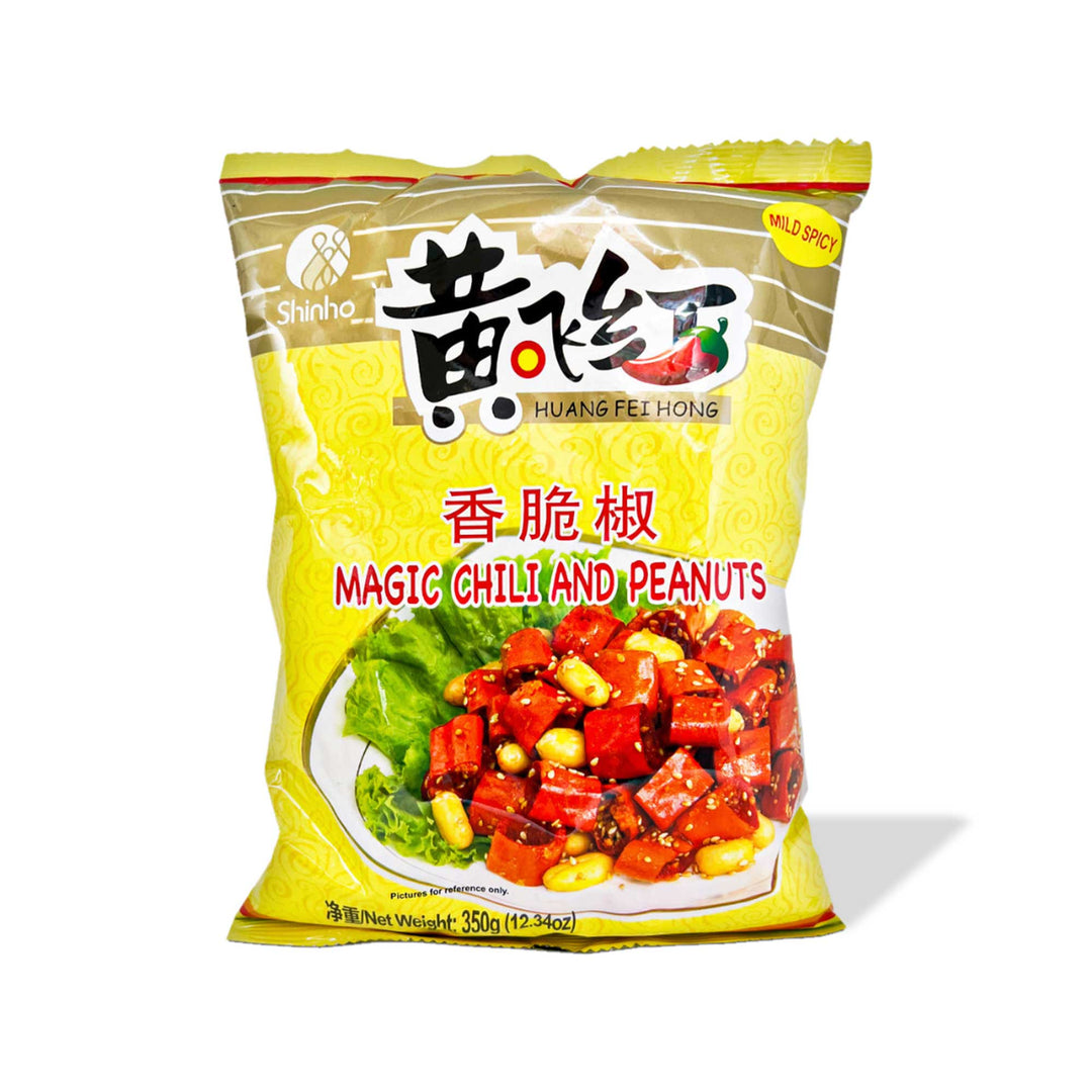 A bag of Huang Fei Hong Magic Chili Peanuts, a healthy snack, on a white background. (Brand Name: Shinho)