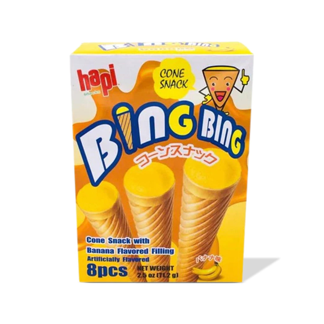 A box of Hapi Bing Bing ice cream cones with banana filling.