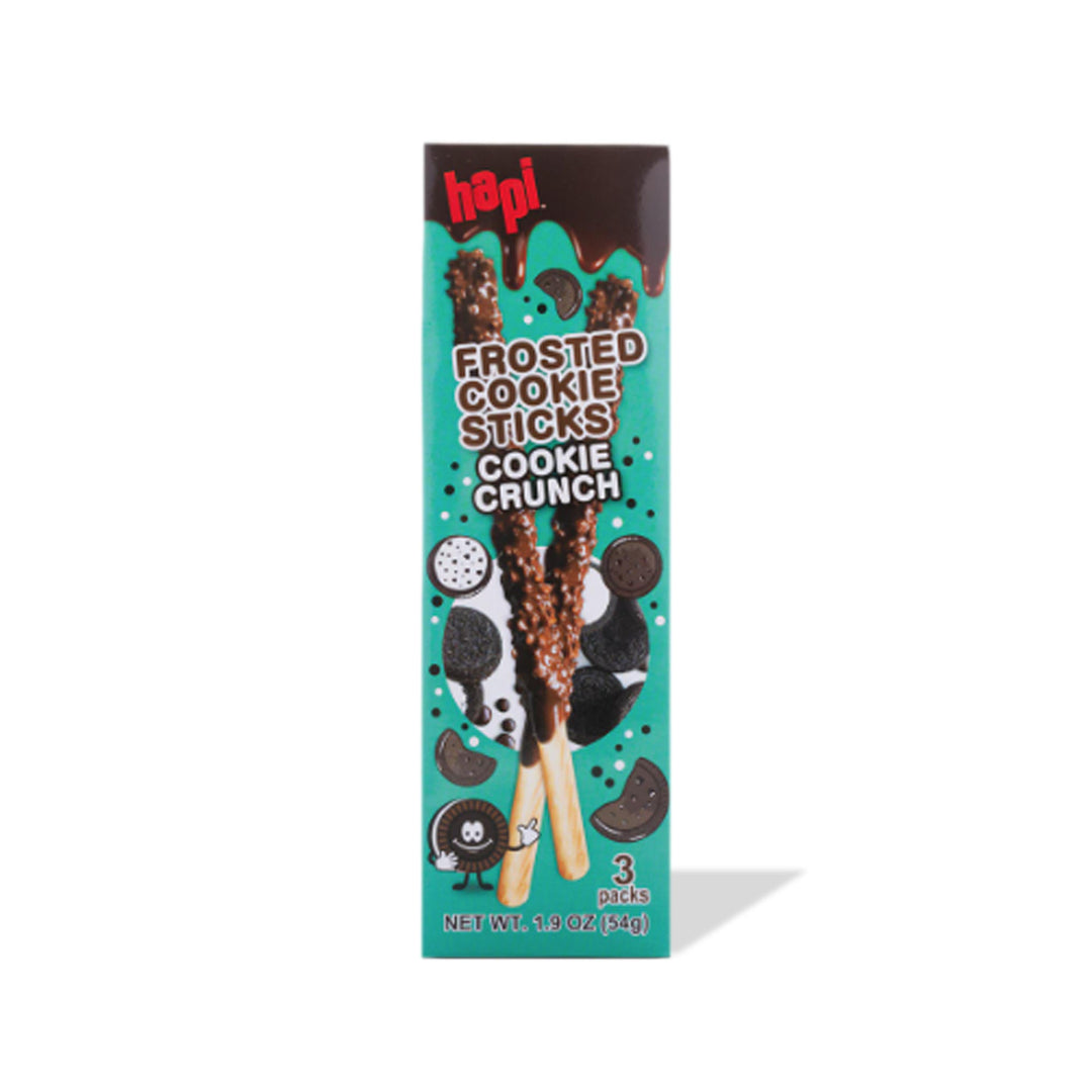 A package of chocolatey Hapi Frosted Cookie Sticks: Cookie Crunch on a white background.