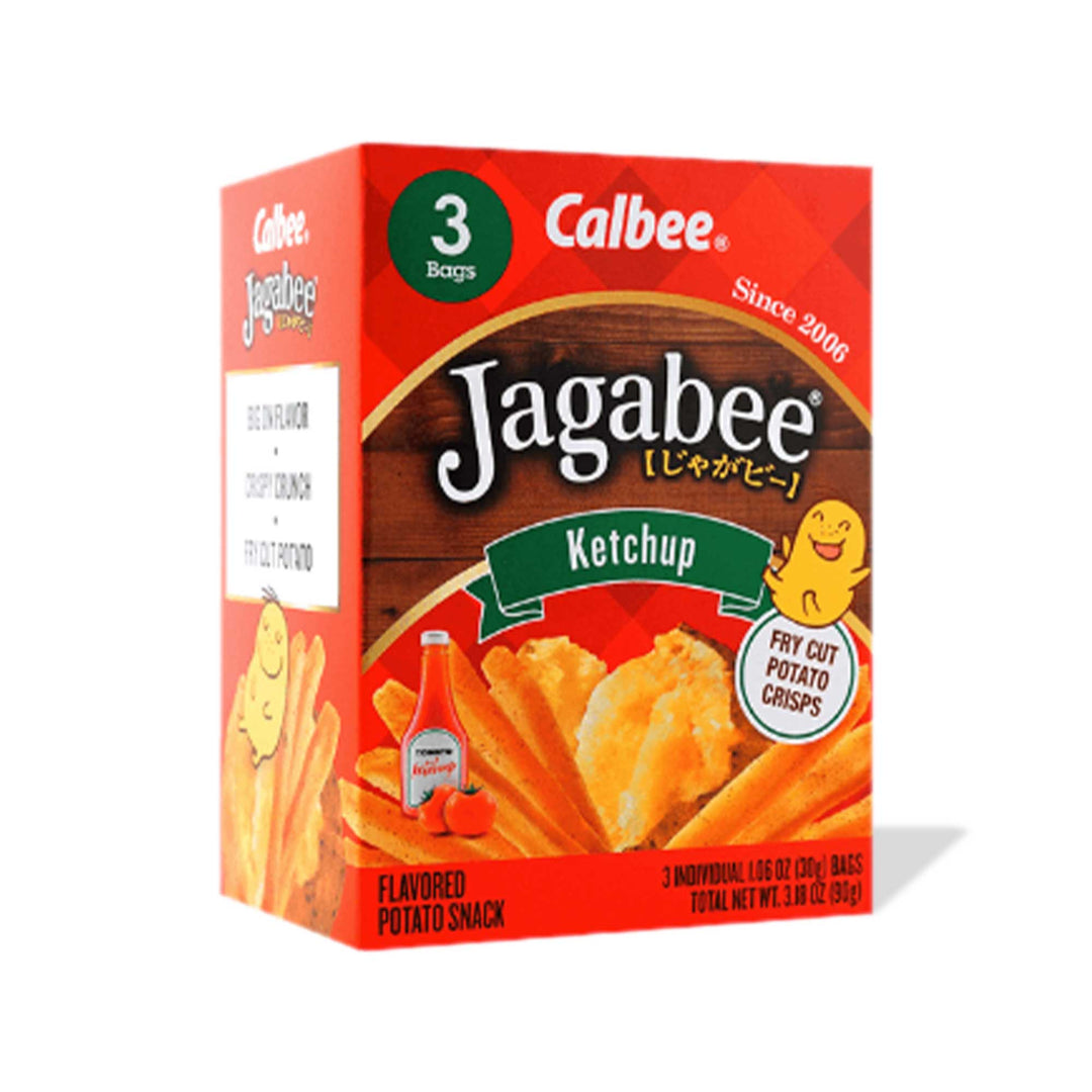 A red box of Calbee Jagabee Ketchup flavored potato stick snack.