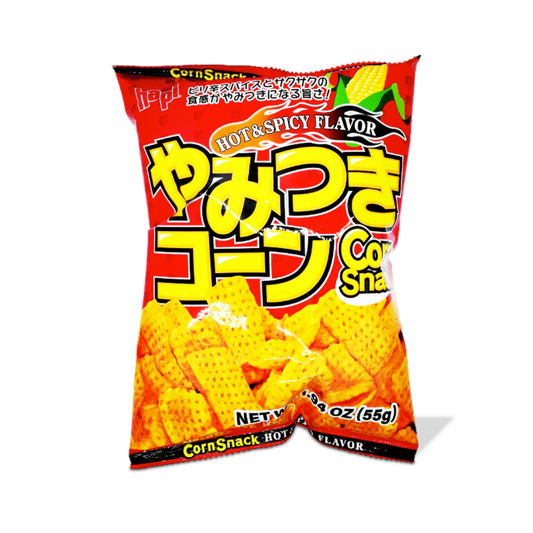 A bag of Hapi Corn Chips: Addictive Hot & Spicy on a white background.