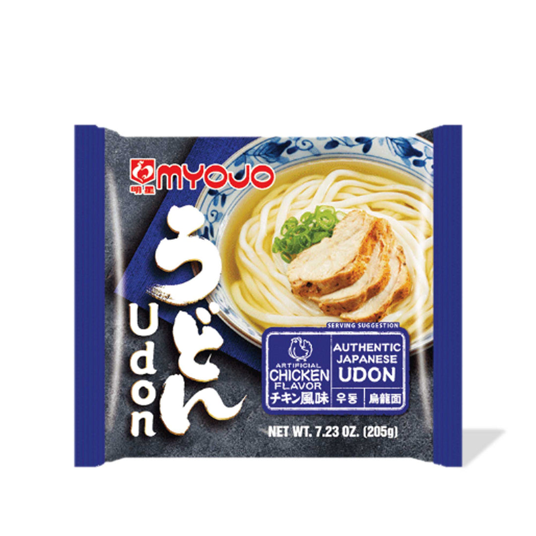 Myojo Instant Udon: Chicken noodles in a pouch with Myojo chicken broth.