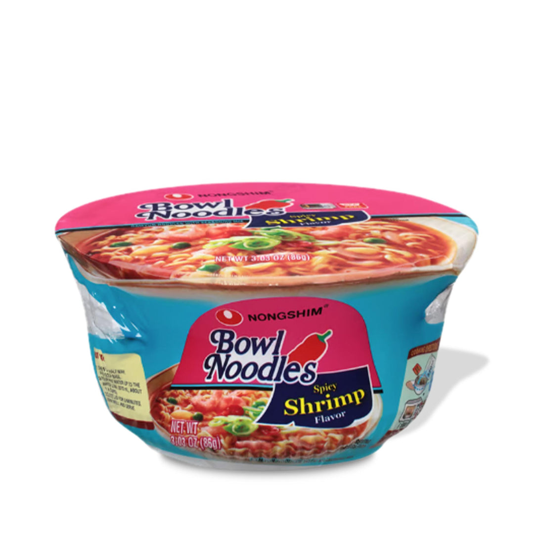 A Nongshim Noodle Bowl: Spicy Shrimp, instantly prepared on a white background.