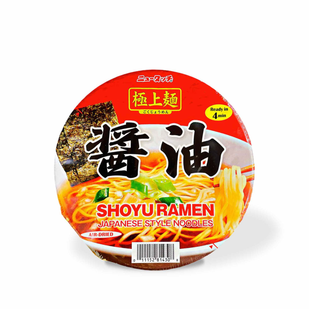 A bowl of New Touch Premium Shoyu Ramen Noodles on a white background.