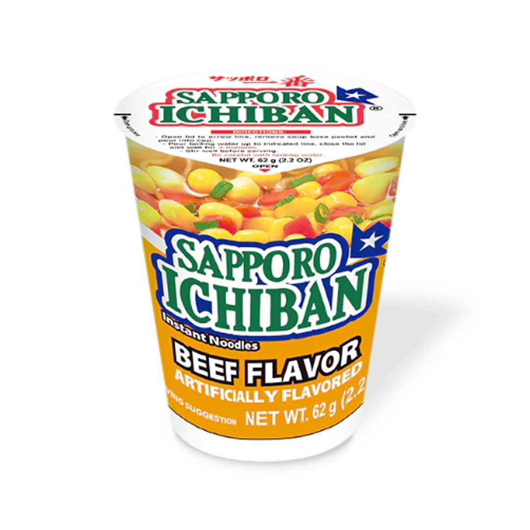 A cup of Sapporo Ichiban Cup Noodle: Beef from the brand Sapporo Ichiban.