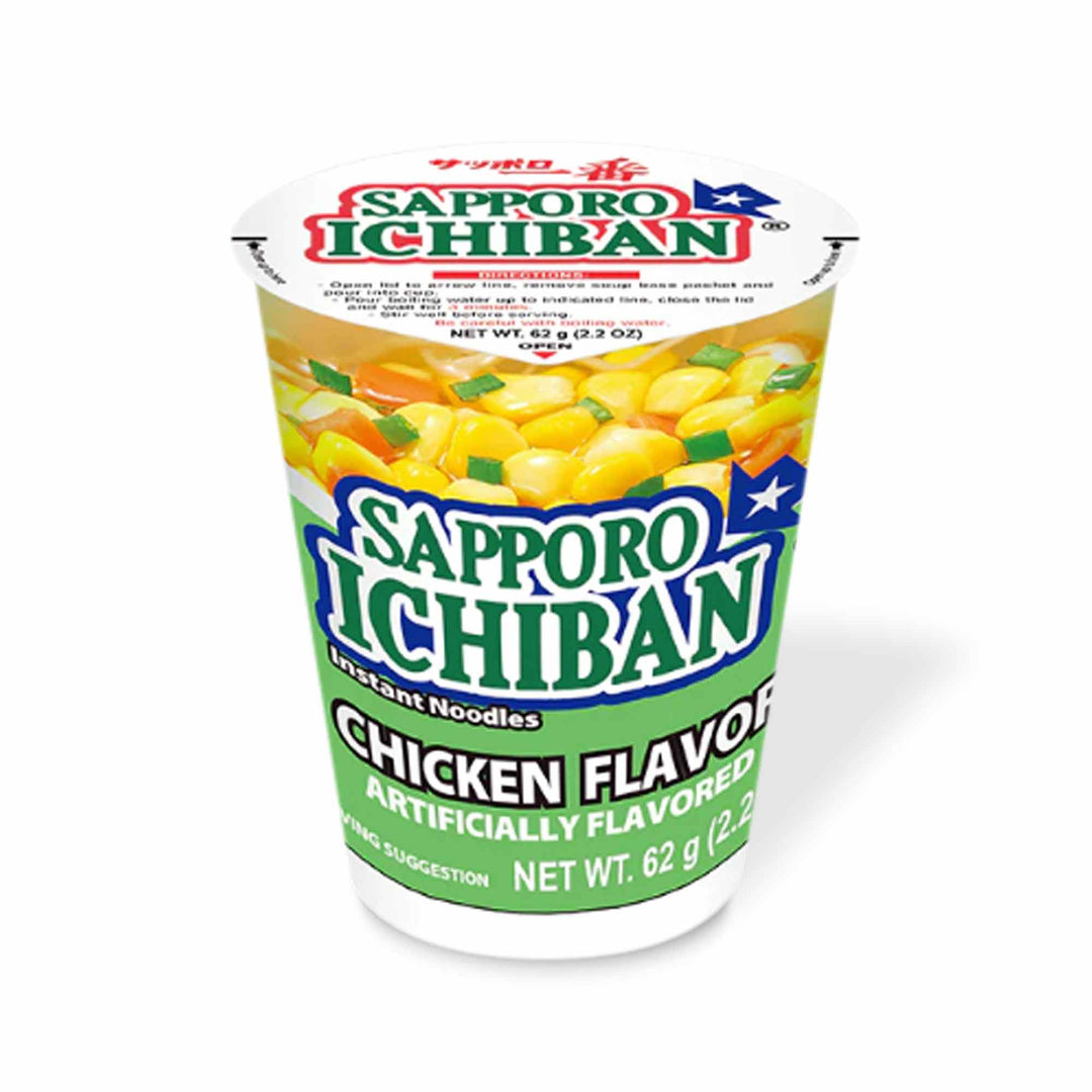 A cup of Sapporo Ichiban Cup Noodle: Chicken, chicken-flavored instant noodles, on a white background.
