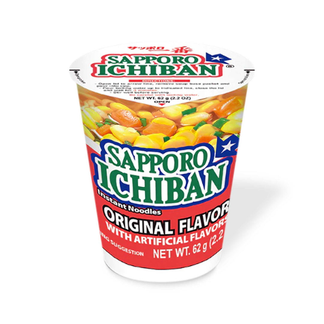 A Sapporo Ichiban Cup Noodle: Original, showcasing umami-rich chicken broth, set against a crisp white background.