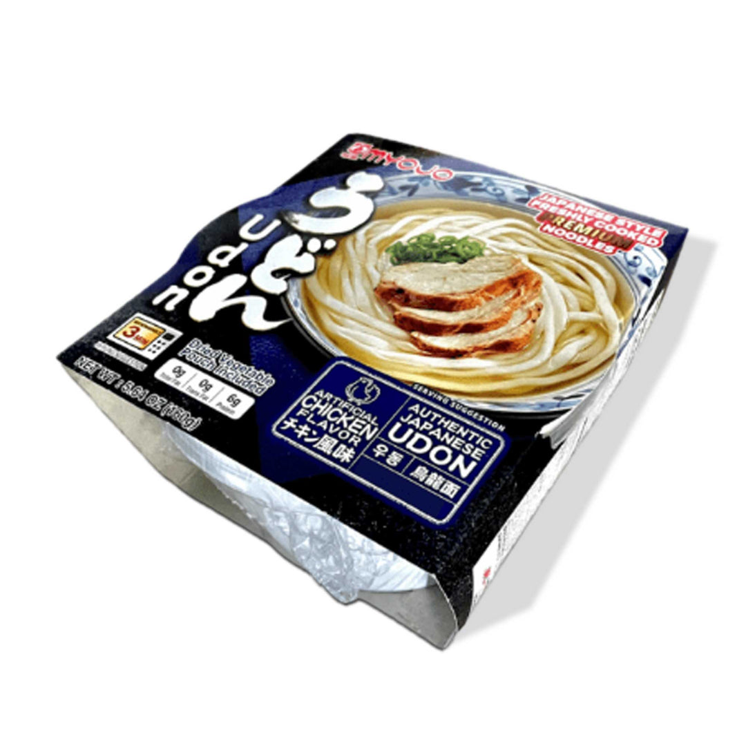 Myojo Udon Bowl: Chicken instant noodles in a microwaveable bowl, perfect as a quick snack or light meal, photographed on a white background.