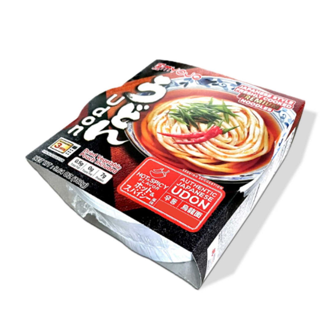 A box of Myojo Udon Bowl: Hot & Spicy is shown on a white background.