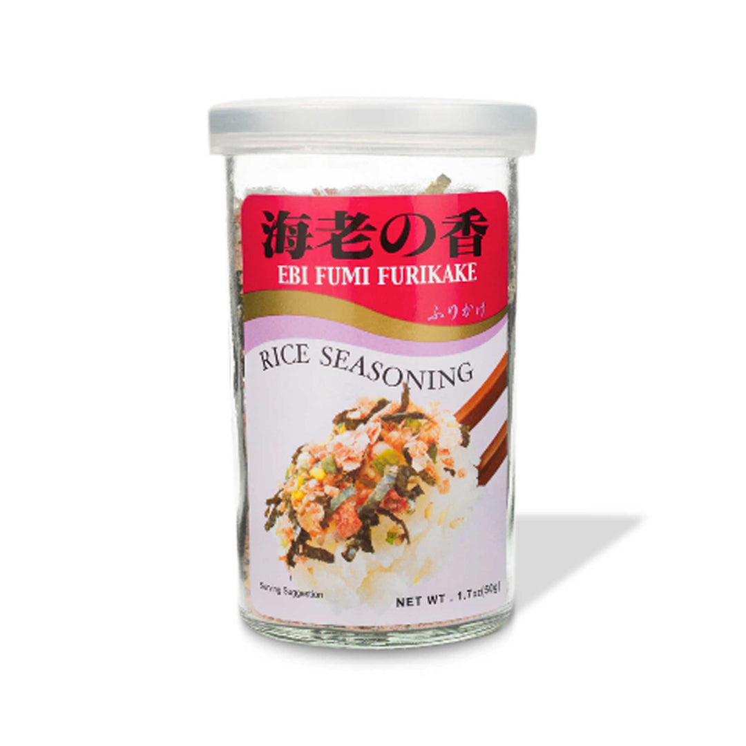 A jar of Ajishima Furikake Rice Seasoning: Shrimp on a white background.