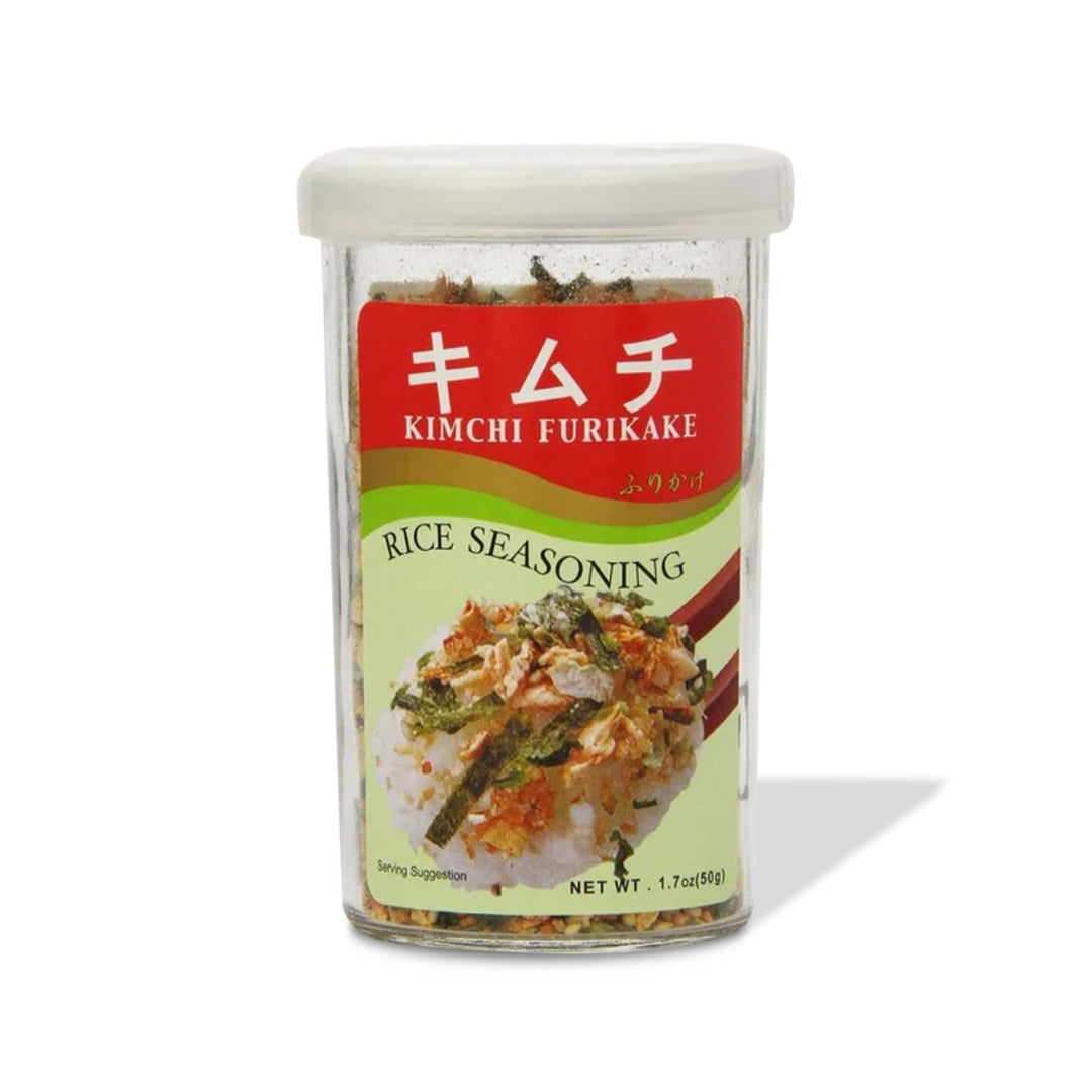 A jar of Ajishima Furikake Rice Seasoning: Kimchi on a white background.