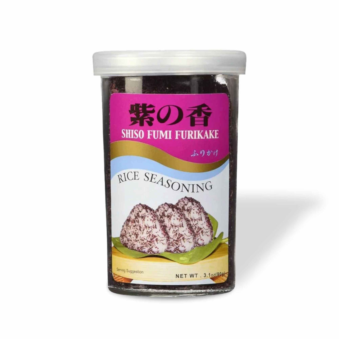 A jar of Ajishima Furikake Rice Seasoning: Shiso Japanese Perilla on a white background.