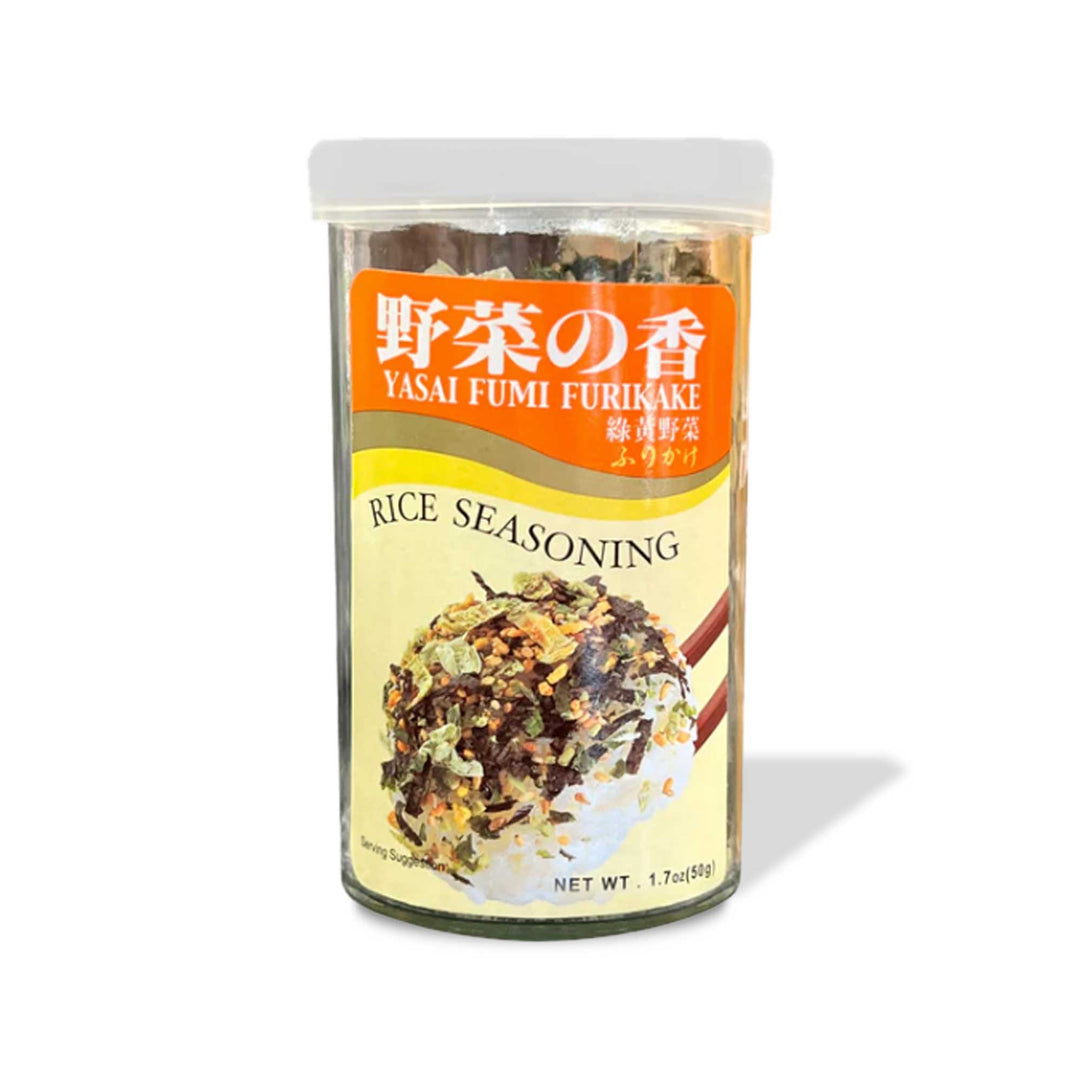 A jar of Ajishima Furikake Rice Seasoning: Vegetable on a white background.