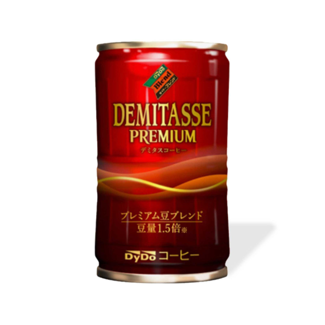 A red can of DyDo Blend Demitasse Coffee by DyDo Blend, featuring gold accents and Japanese text.