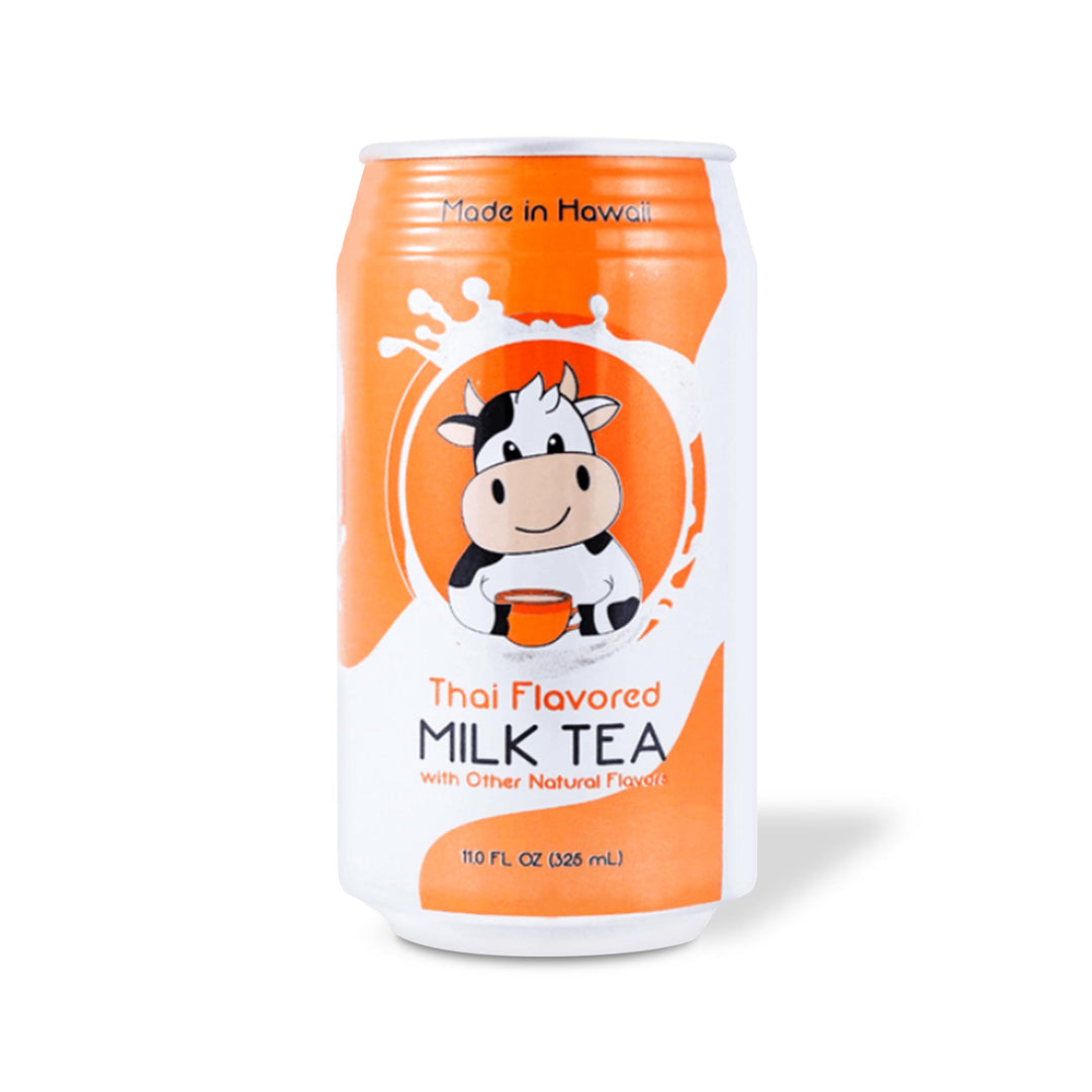 A delicious canned version of Itoen Thai Milk Tea with a cow on it.