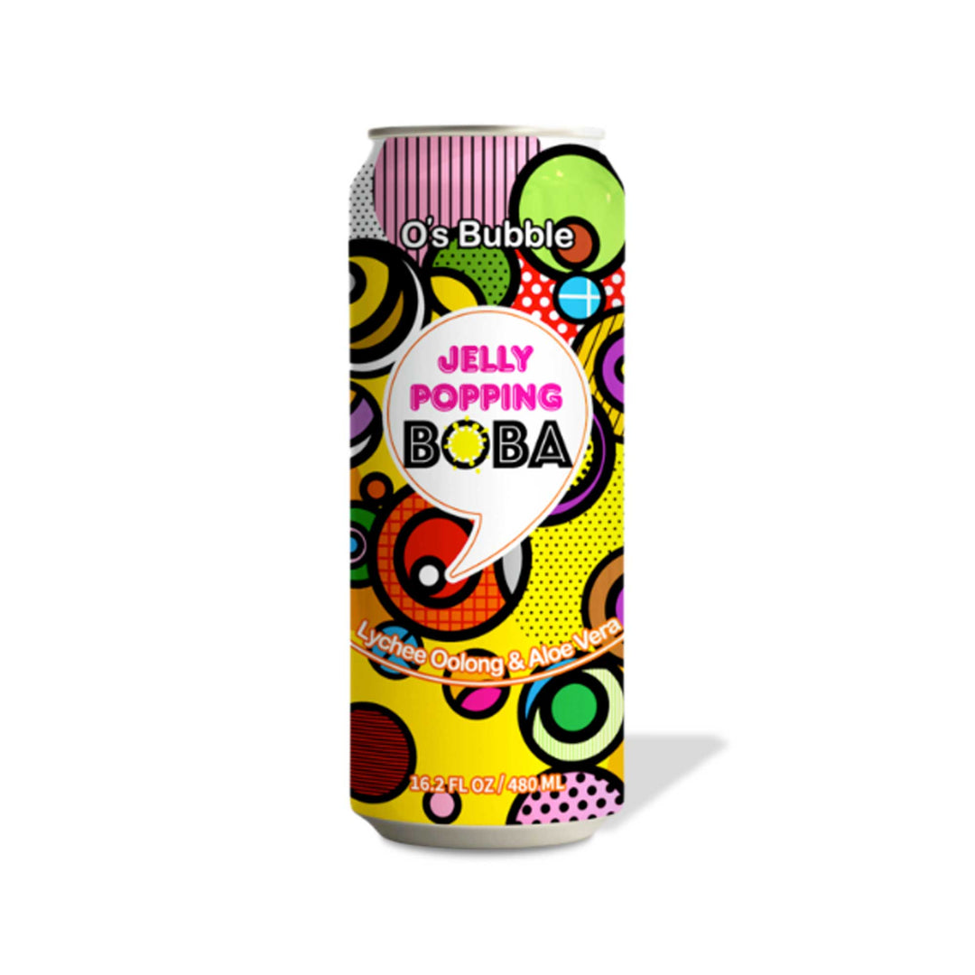 A can of O's Gummy Jelly Popping Boba: Lychee Oolong from O's Bubble on a white background.