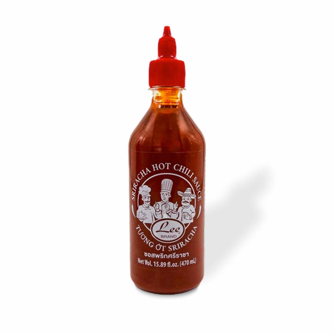 A bottle of Lee Brand Sriracha Hot Chili Sauce, an Asian kitchen staple, on a white background.