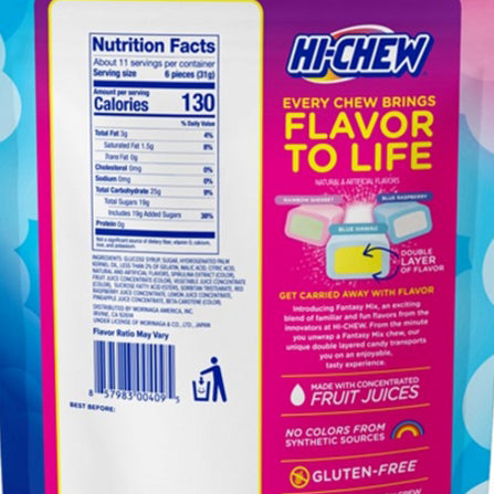 A nutrition label next to a Morinaga Hi-Chew Large Stand Bag: Fantasy Mix candy package highlighting ingredients and gluten-free status.