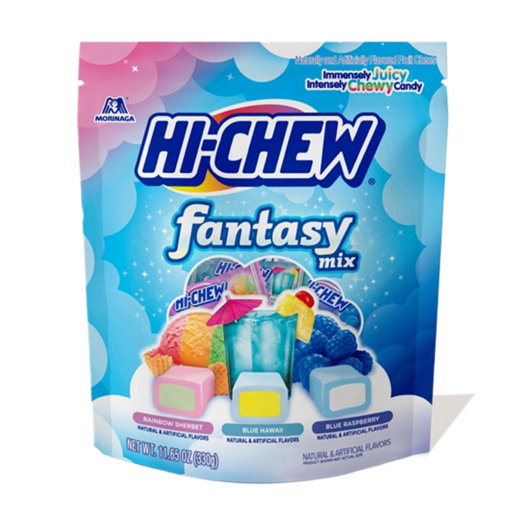 A package of Morinaga Hi-Chew Large Stand Bag: Fantasy Mix candy featuring flavors Rainbow Sherbet, Blue Hawaii, and blue raspberry.