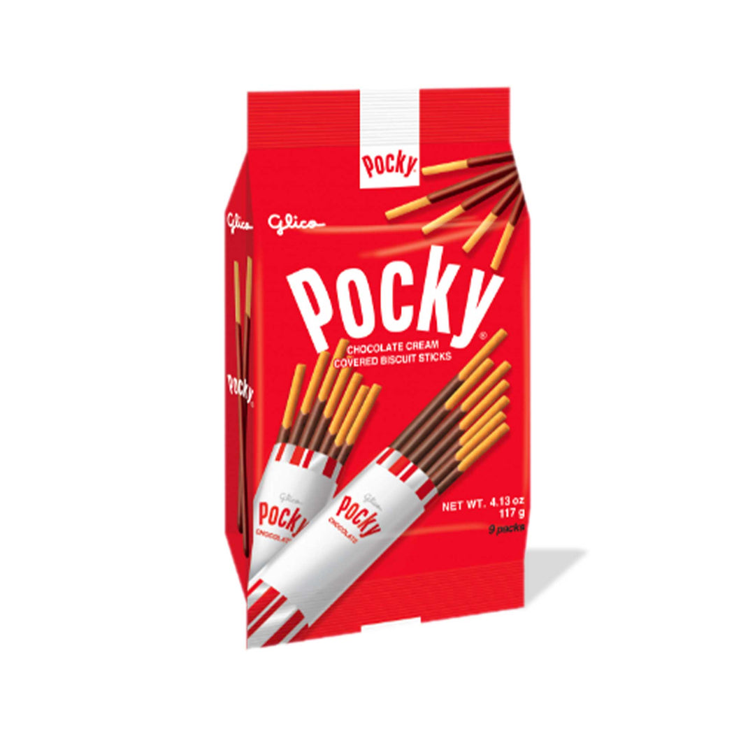 A package of individually wrapped Glico Pocky Family Pack: Chocolate (9-pack) sticks on a white background.