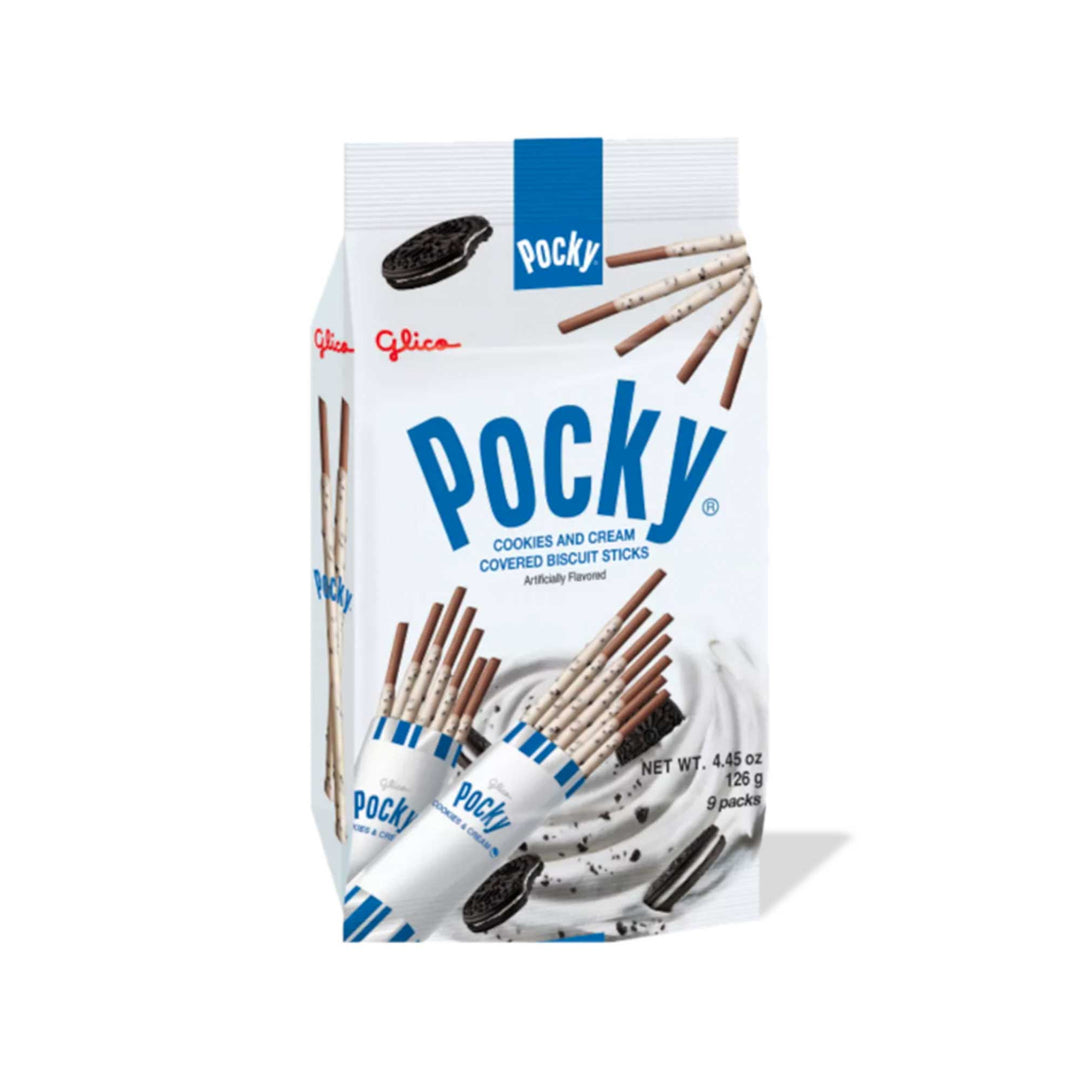 A package of Glico Pocky Family Pack: Cookies & Cream (9-pack) on a white background.