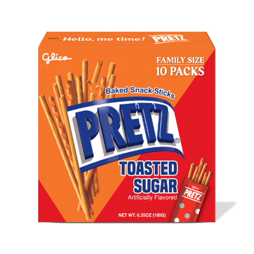 A box of Glico Pretz Family Pack: Toasted Sugar (10-pack), with toasted sugar dusting on pretzel sticks.