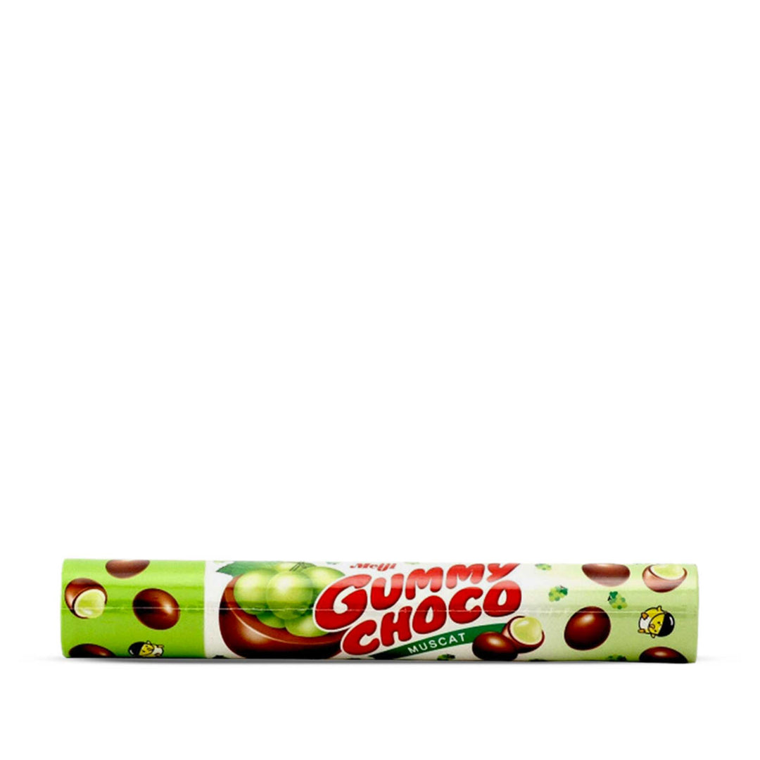 A green Meiji Gummy Choco: Muscat Grape candy bar with chocolate and nuts, resembling a fruity treat, on a white background.