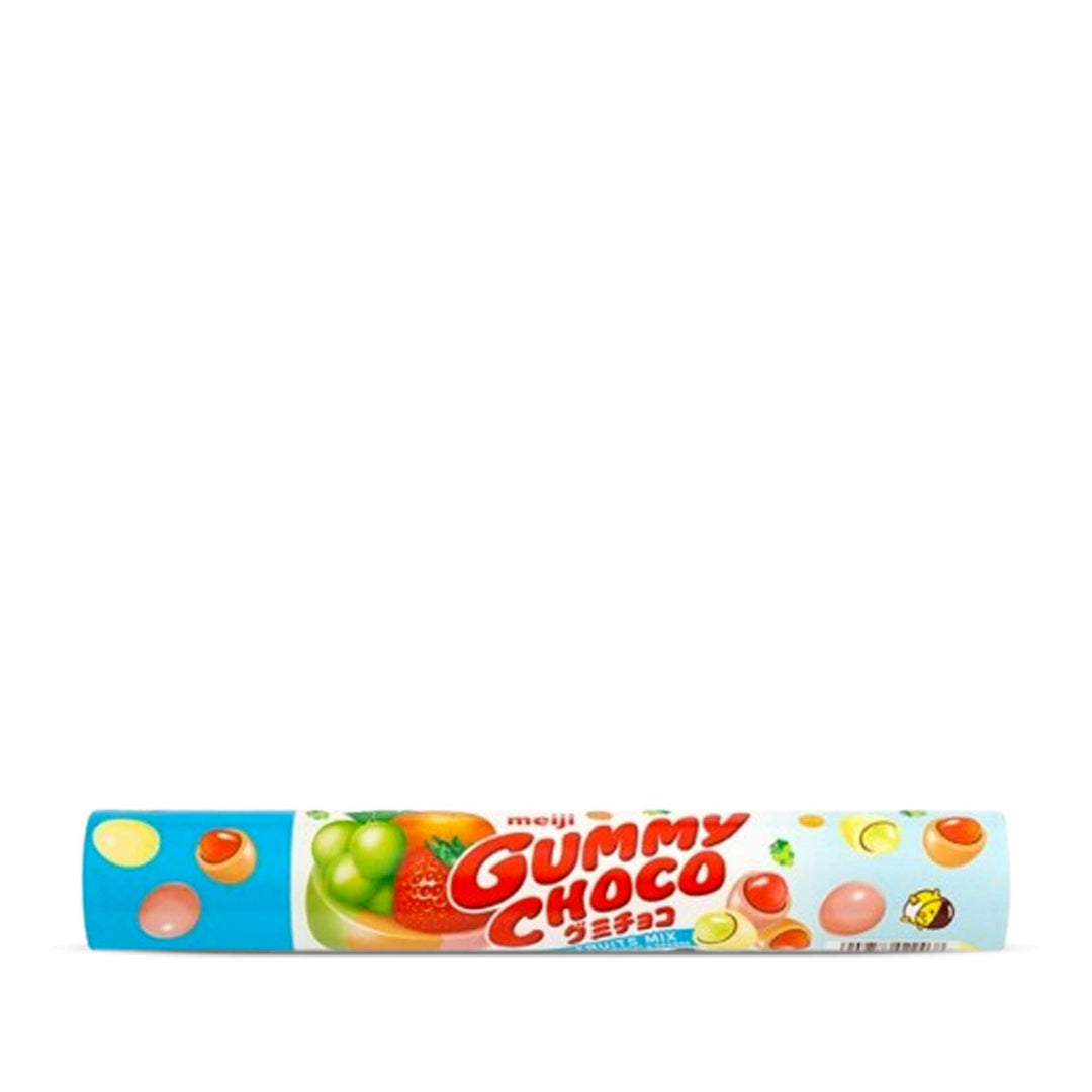 A tube of Meiji Gummy Choco: Fruit Mix on a white background.