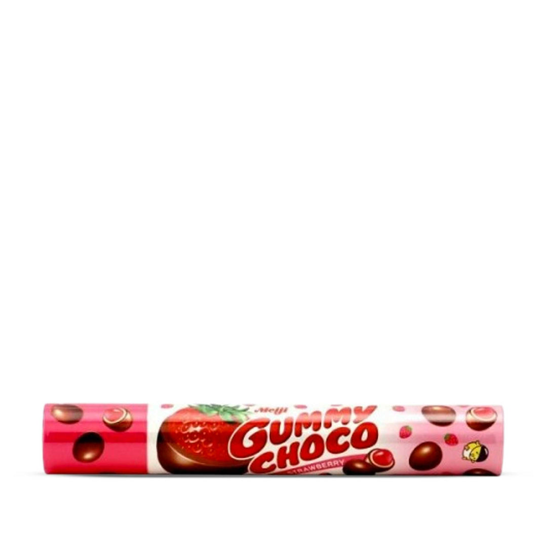 A tube of Meiji Gummy Choco: Strawberry on a white background.