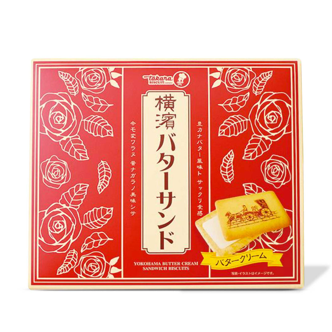 A box of Takara Yokohama Butter Sandwich Cookies (16 pieces) with roses on it, perfect for foodies and travel lovers, made by Takara Seika.