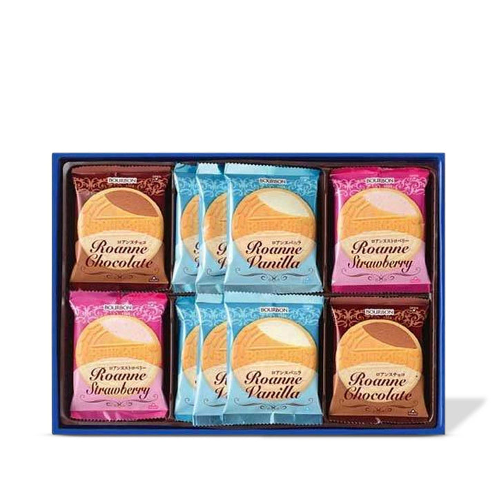 A box of Bourbon Roanne Selection Assorted Cookies (28 pieces) and gaufrettes in a blue box.