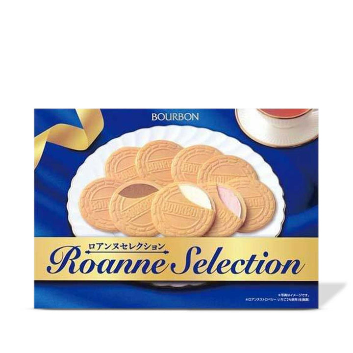 A box of Bourbon Roanne Selection Assorted Cookies (28 pieces) by Bourbon on a plate.