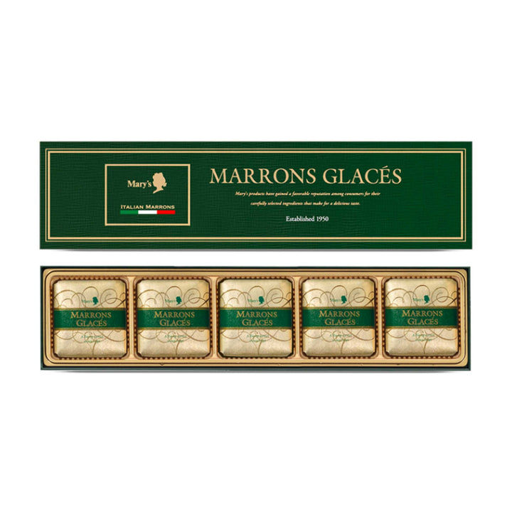 A delightful box of Mary's Marrons Glacés Candied Chestnuts Gift Box (5 pieces) filled with Italian candied chestnuts, perfect for the holidays. Get a taste of the holidays with Mary's Marrons Glacés.
