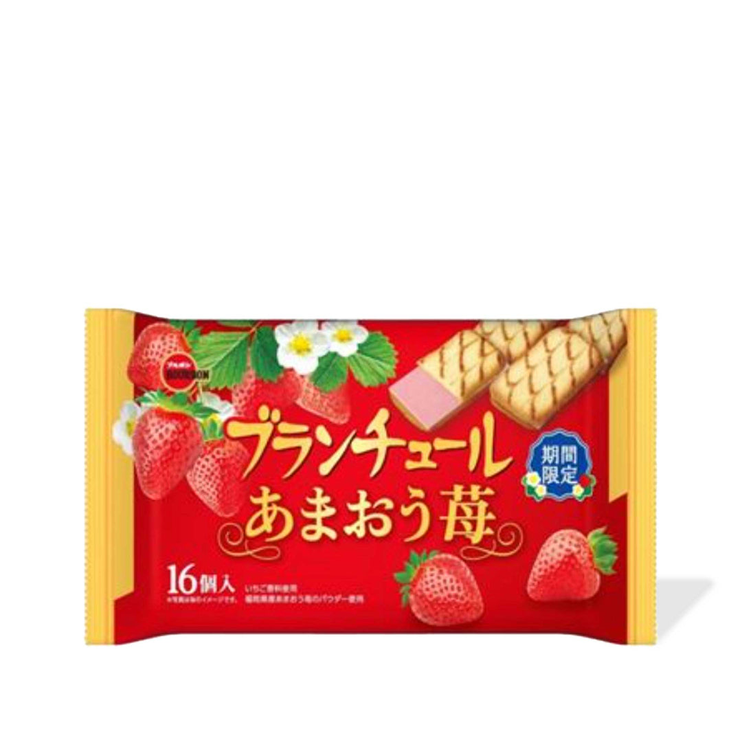 A package of Bourbon Blanchul Cookies: Amaou Ichigo Strawberry from Japan, depicted with strawberries and a biscuit against a red background with Japanese text.