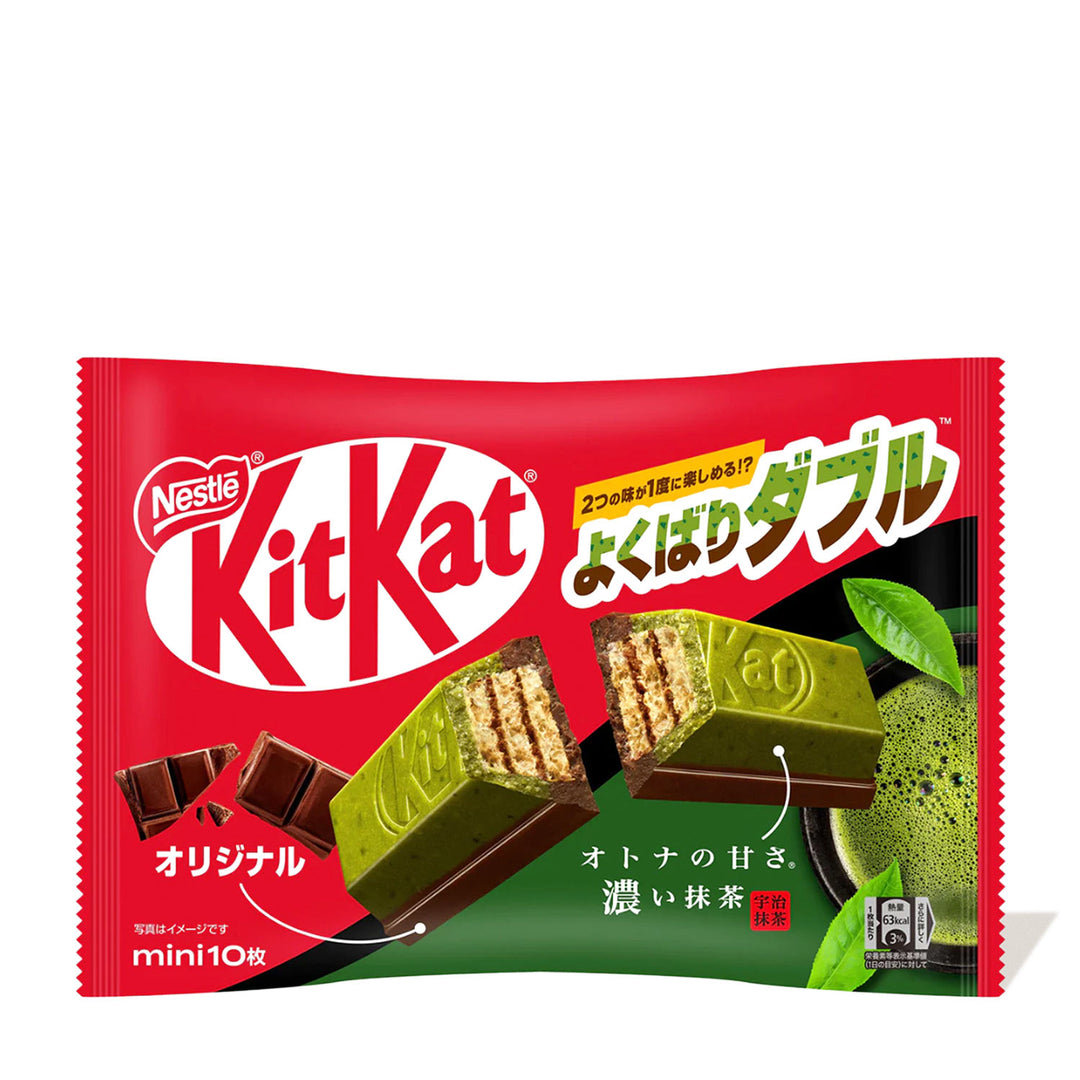 A package of Nestle Japan's Green Tea Double Layer Japanese Kit Kat bars, featuring an image of the double-layer green tea chocolate bars, the Kit Kat logo, and Japanese text.