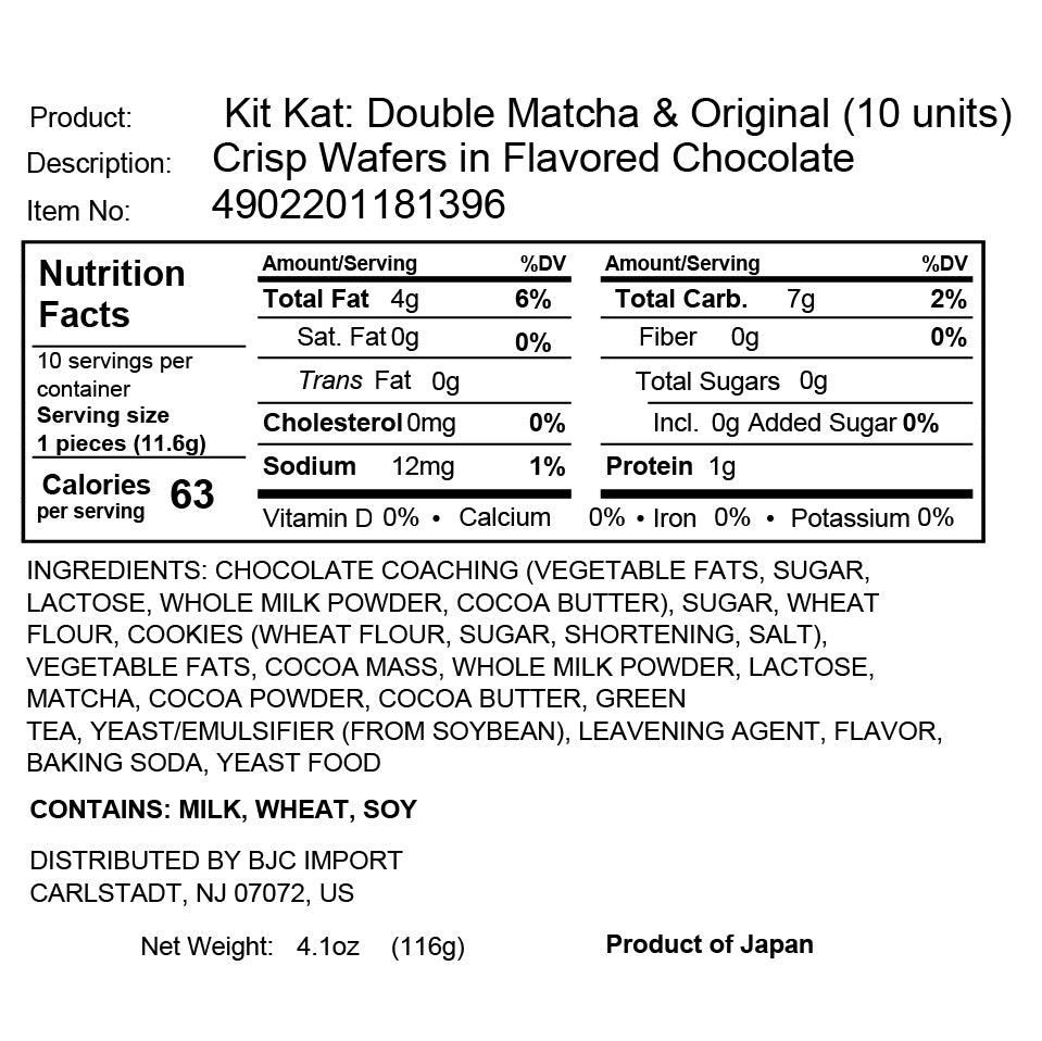 Image displaying a nutritional information label for a Nestle Japan Double Layer Green Tea Kit Kat, listing ingredients and dietary contents.