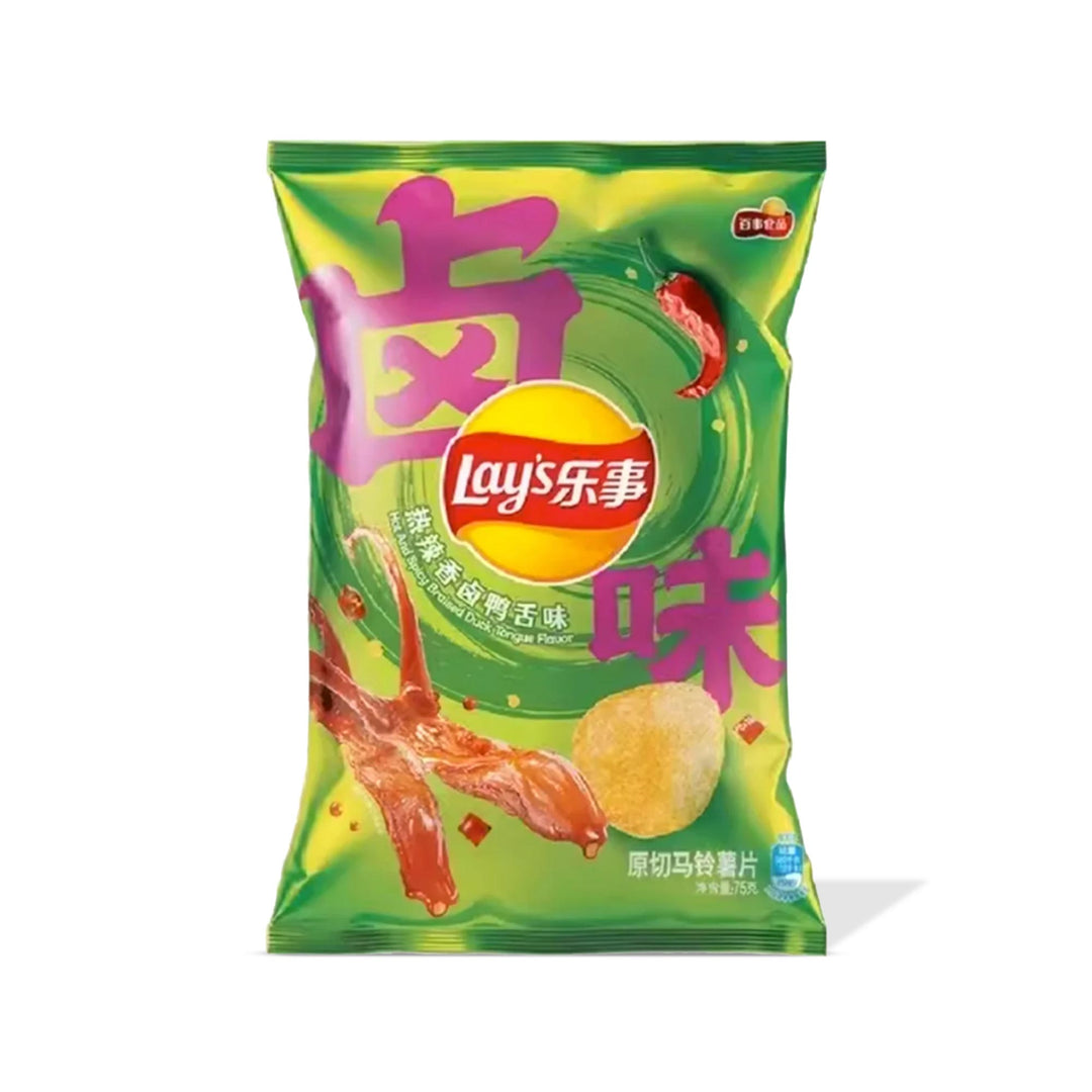 A bag of Lay's Potato Chips: Spicy Duck Tongue, perfect for snacking.
